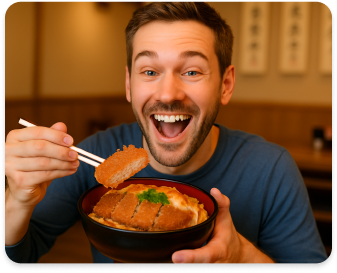 A happy customer enjoying a bowl of katsudon at Kaishinyu restaurant.